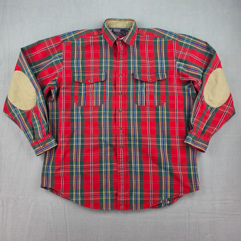 Polo Ralph Lauren Button Down Shirt Mens XL Red Plaid Elbow Patch Vintage USA